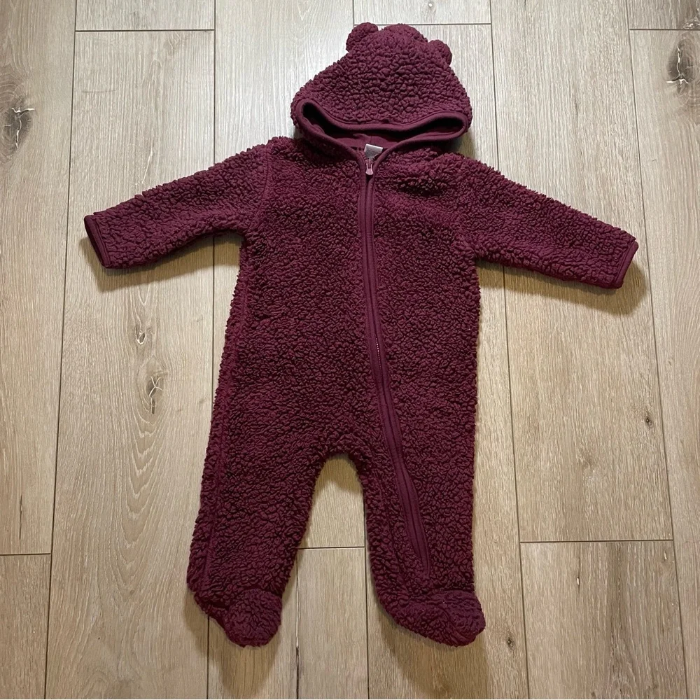 Hudson Baby Burgundy Faux Shearling Bunting 6-9 Months Hooded Bear Ear Cozy Warm